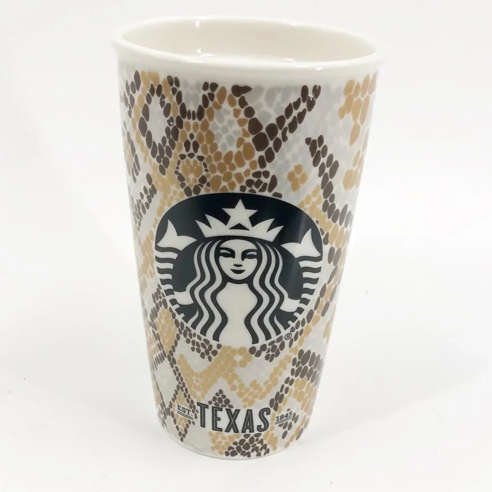 ✅Starbucks Texas 2015 Brown Silver Gold Snake Skin Print 12oz Tumbler Mug No Lid